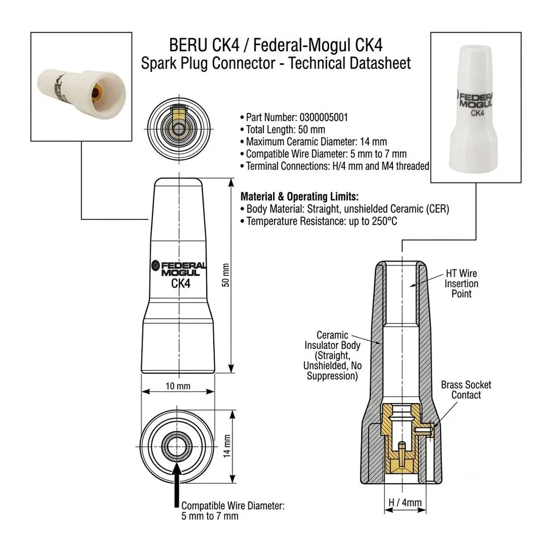 BERU / Federal-Mogul CK4 Spark Plug Connector supplied by R.K. Instruments & Controls, straight unshielded ceramic ignition connector with technical datasheet