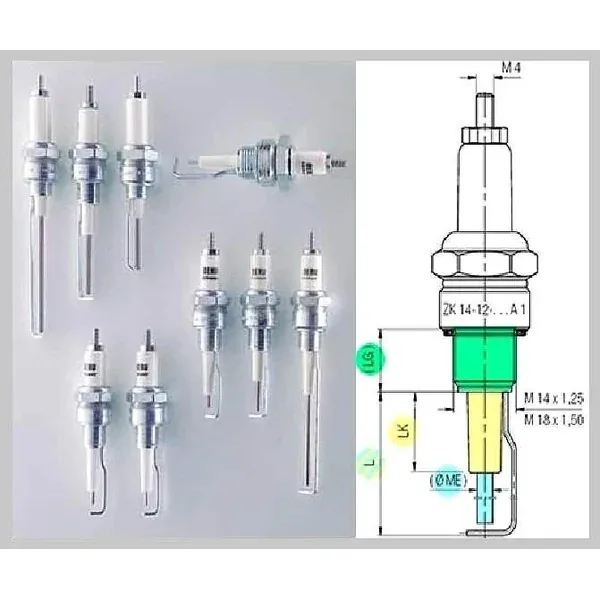 Angled (Bent-Tip) Special Ignition Electrode — Threaded Spark-Plug Type Igniter by R.K. Instruments & Controls, with dimension diagram (90&deg; angled ground arm, LG length, M14x1.25 / M18x1.50 thread)