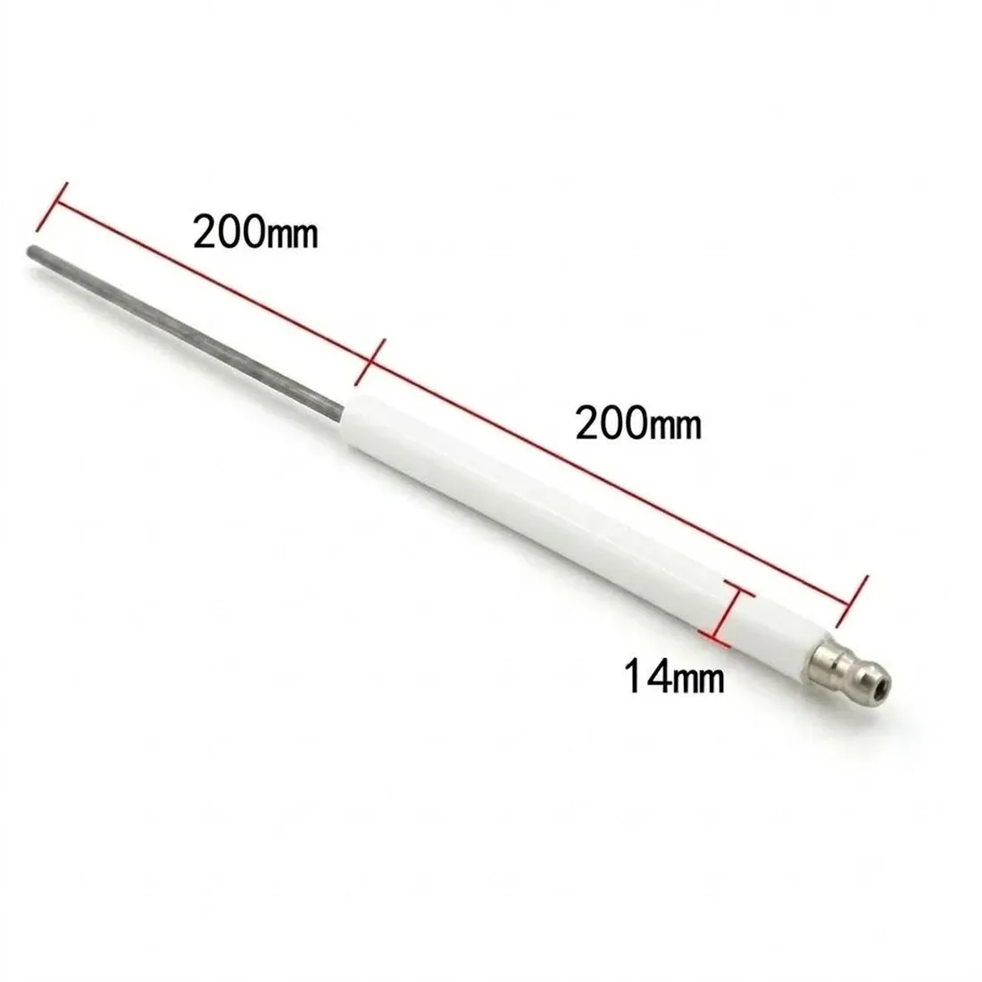 Ignition Electrode 14mm Insulator by R.K. Instruments & Controls, with dimension callouts (200mm electrode rod/wire length, 200mm insulator/ceramic length, 14mm insulator diameter) and SAE / D4 / M4 threaded terminal connector