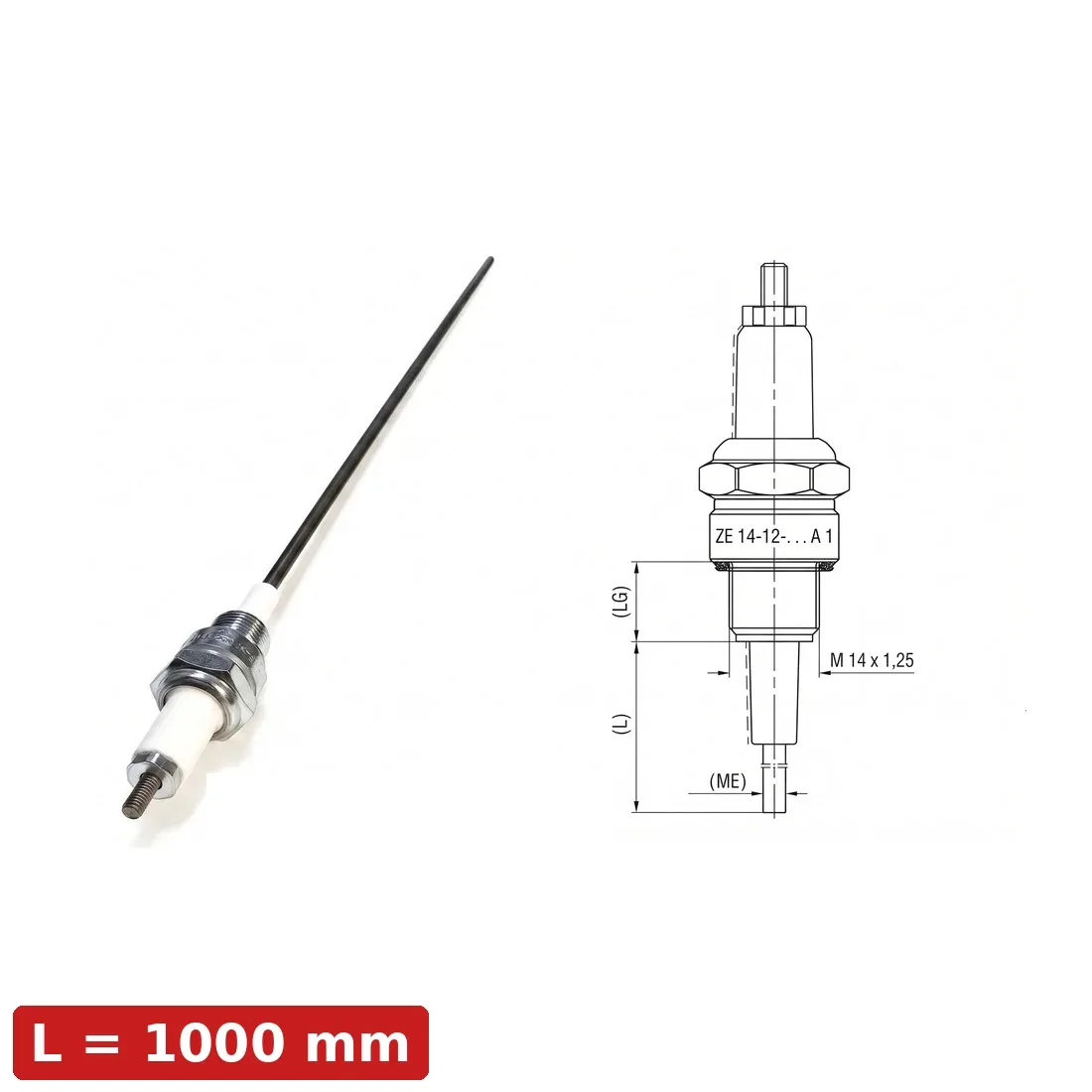 Spark Ignition Electrode Threaded ZE-14-12-1000-A1 — M14x1.25, L1000mm, Standard Stock by R.K. Instruments & Controls, with dimension diagram (LG thread length, L overall length, M14x1.25 thread)