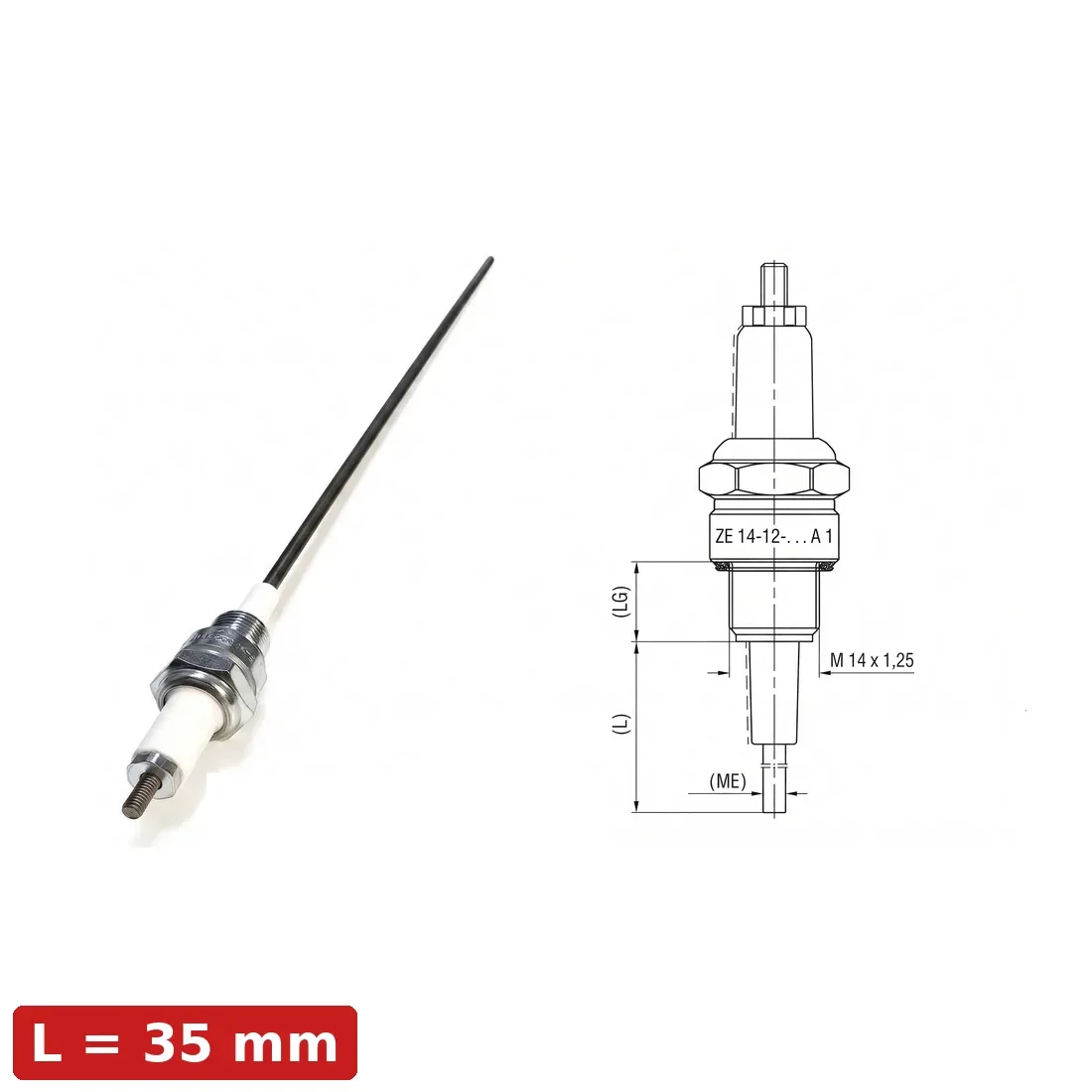Spark Ignition Electrode Threaded ZE-14-12-35-A1 — M14x1.25, L35mm, Standard Stock by R.K. Instruments & Controls, with dimension diagram (LG thread length, L overall length, M14x1.25 thread)