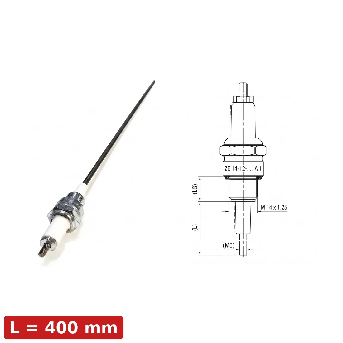 Spark Ignition Electrode Threaded ZE-14-12-400-A1 — M14x1.25, L400mm, Standard Stock by R.K. Instruments & Controls, with dimension diagram (LG thread length, L overall length, M14x1.25 thread)