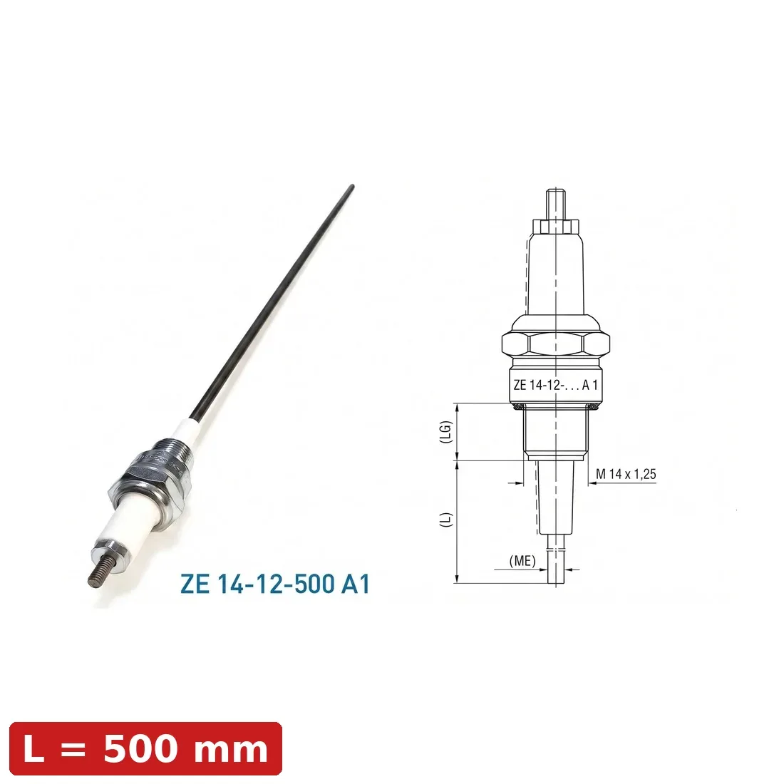 Spark Ignition Electrode Threaded ZE-14-12-500-A1 — M14x1.25, L500mm, Standard Stock by R.K. Instruments & Controls, with dimension diagram (LG thread length, L overall length, M14x1.25 thread)